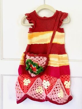 Hand Knit Girl’s Maxi Dress & Purse Size 3T Crochet Edge Cotton Summer USA Made.